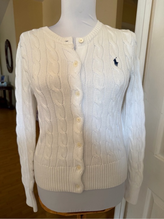 Ralph Lauren Sweaters - Ralph Lauren Cream Cable-Knit Button Cardigan with Navy Pony